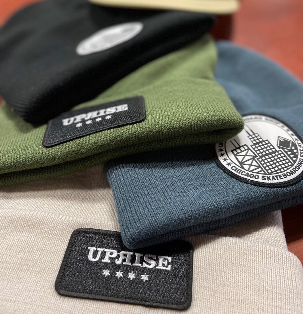 Technique Embroidery Custom Patches On Beanies For Uprise Chicago Skate Co.